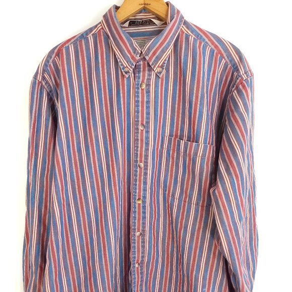 Vtg Nautica Shirt Men's XL Blue Red Striped Button Front Long Sleeve Distressed - Picture 1 of 13